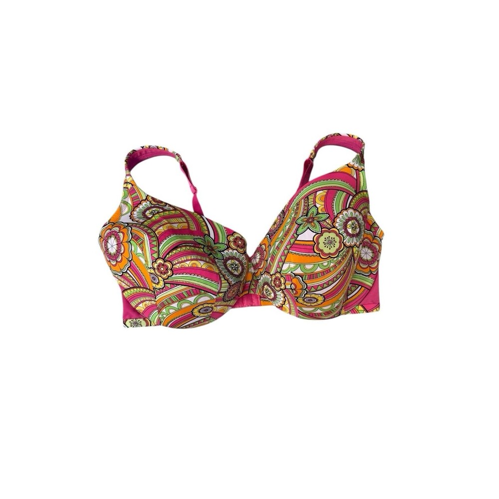 Cacique‎ Bra 42DDD Groovy Lightly Padded Underwire Paisley Floral Print Pink